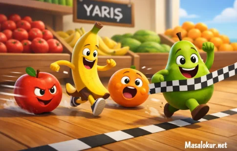 Manavda yarışan meyveler (Çocuk masalı görseli).