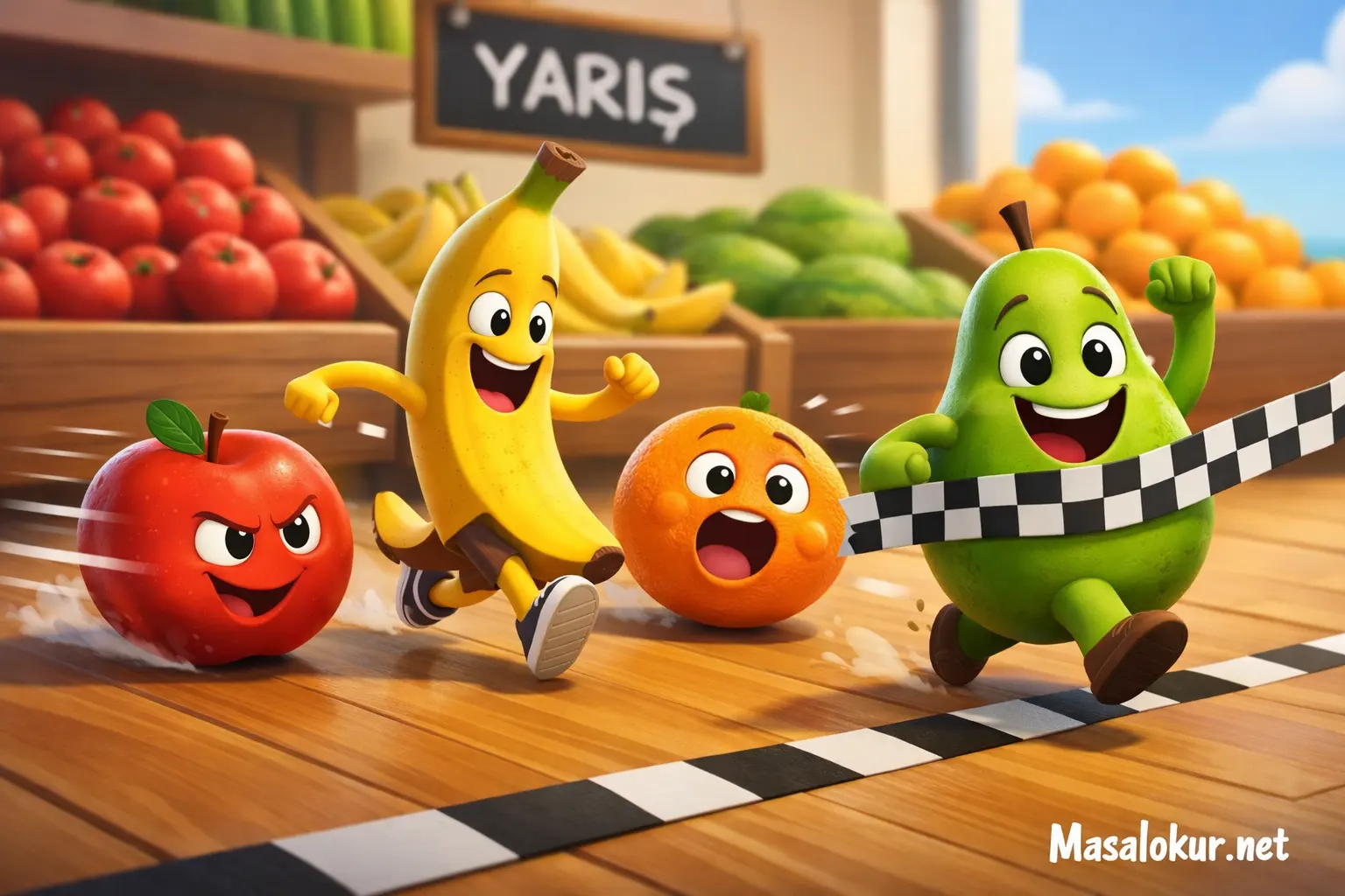 Manavda yarışan meyveler (Çocuk masalı görseli).