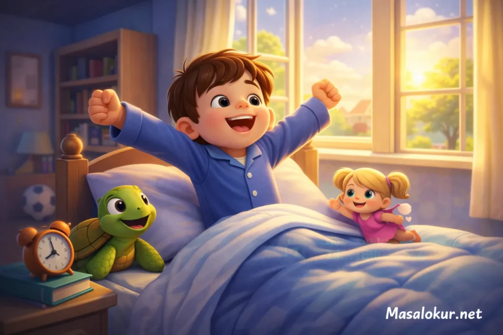 Rüyadan uyanan çocuk yeni güne mutlu başlıyor.
