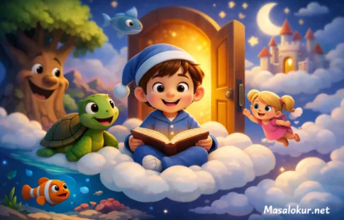 Rüya ülkesinde kitap okuyan çocuk ve arkadaşları.