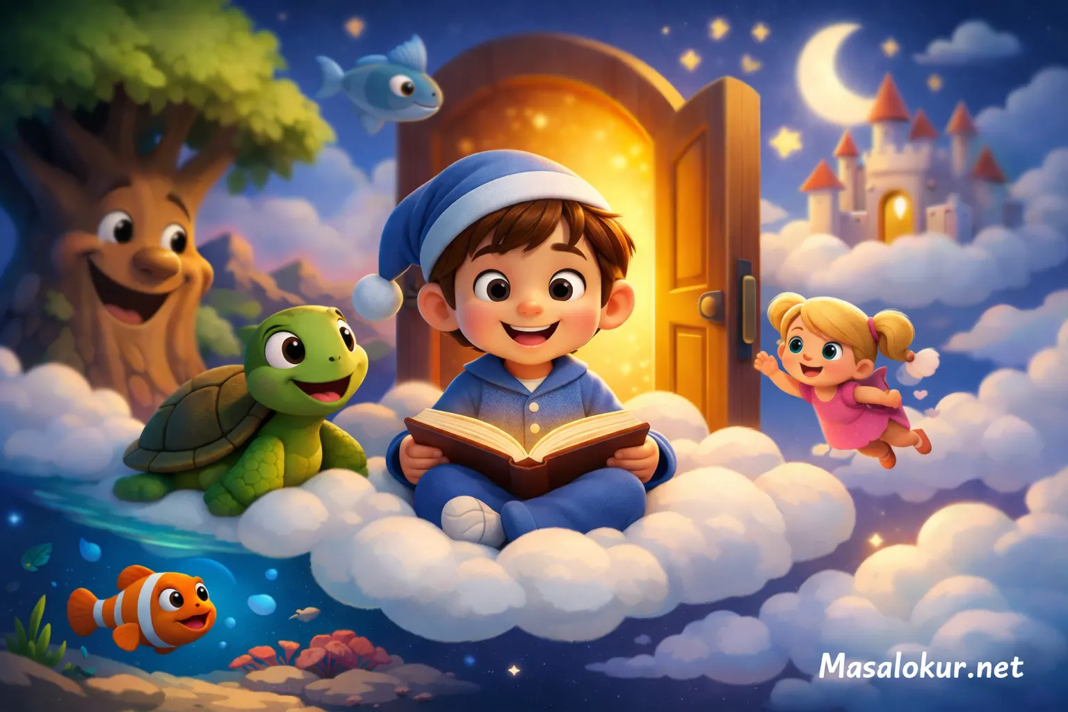 Rüya ülkesinde kitap okuyan çocuk ve arkadaşları.