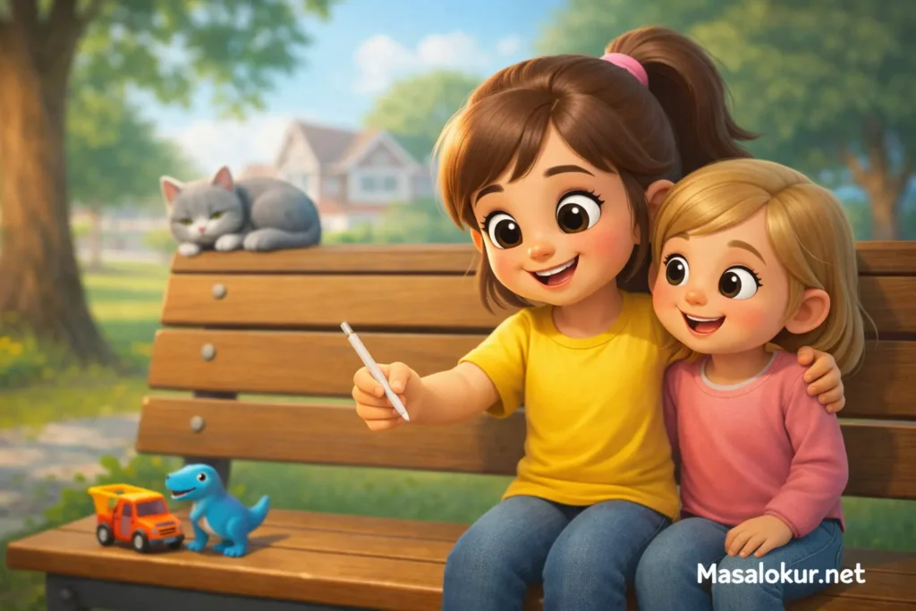 Zeynep sihirli kalemle arkadaşına yardım ediyor.