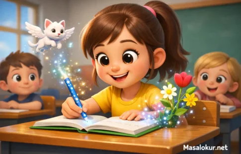 Sihirli kalemle yazan Zeynep (Masal sahnesi).