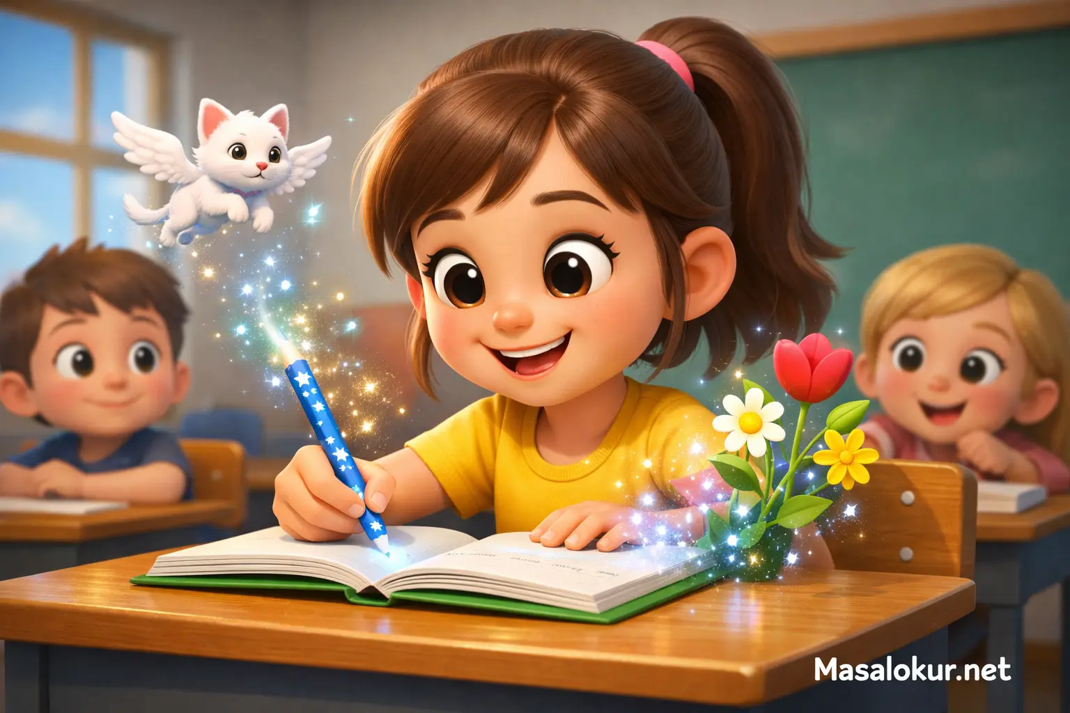 Sihirli kalemle yazan Zeynep (Masal sahnesi).