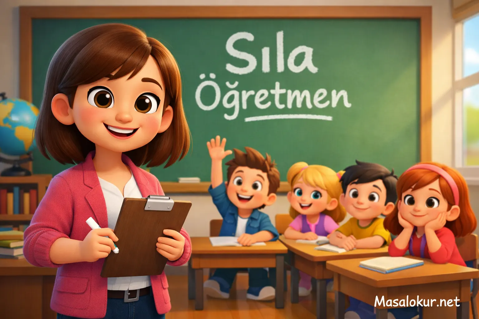 Sıla öğretmen sınıfta çocuklara ders anlatıyor.