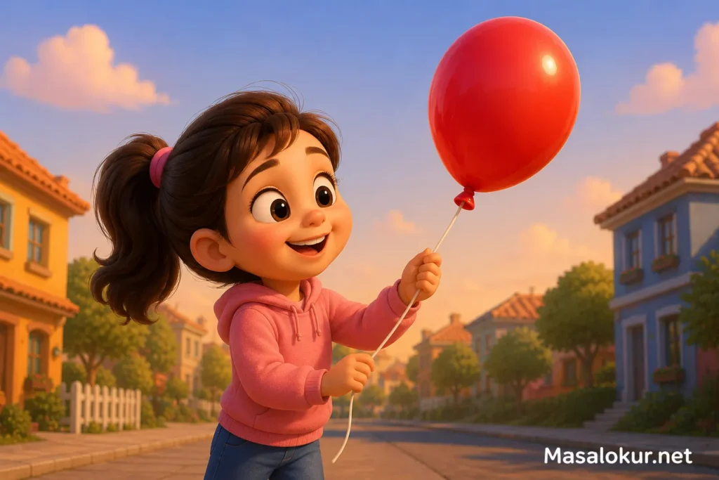 Leyla kırmızı balonuna kavuşurken mutlu görünüyor.