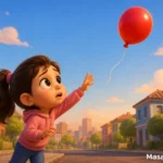 Leyla kırmızı balonunu gökyüzünde izliyor.