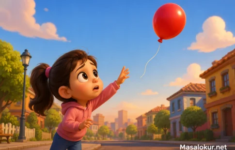 Leyla kırmızı balonunu gökyüzünde izliyor.