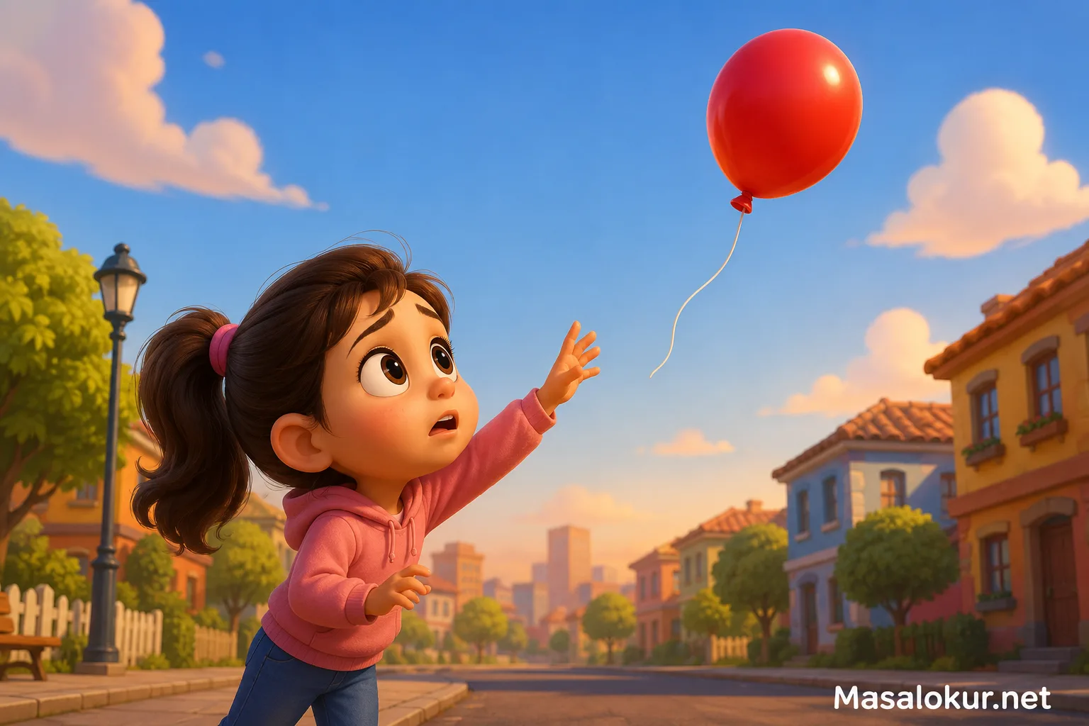 Leyla kırmızı balonunu gökyüzünde izliyor.