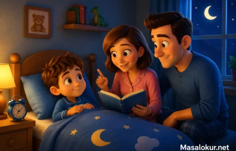 Anne ve babasıyla uykuya hazırlanan Mavi