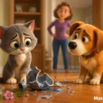 Kırılan vazonun yanında üzgün kedi ve köpek
