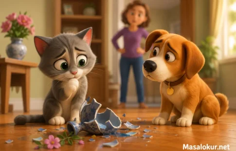 Kırılan vazonun yanında üzgün kedi ve köpek