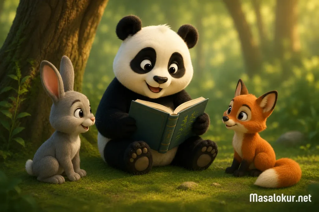 Panda, arkadaşlarına ormanda kitap okuyor