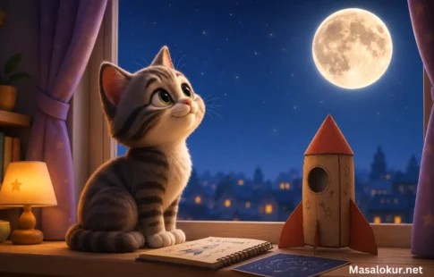 Pencereden Ay'ı seyreden kedi