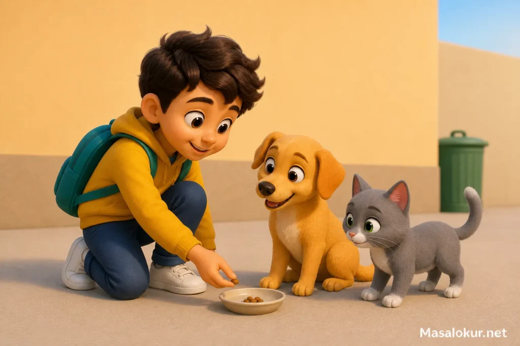 Deniz gri kedi Boncuk’a mama verirken Tarçın izliyor