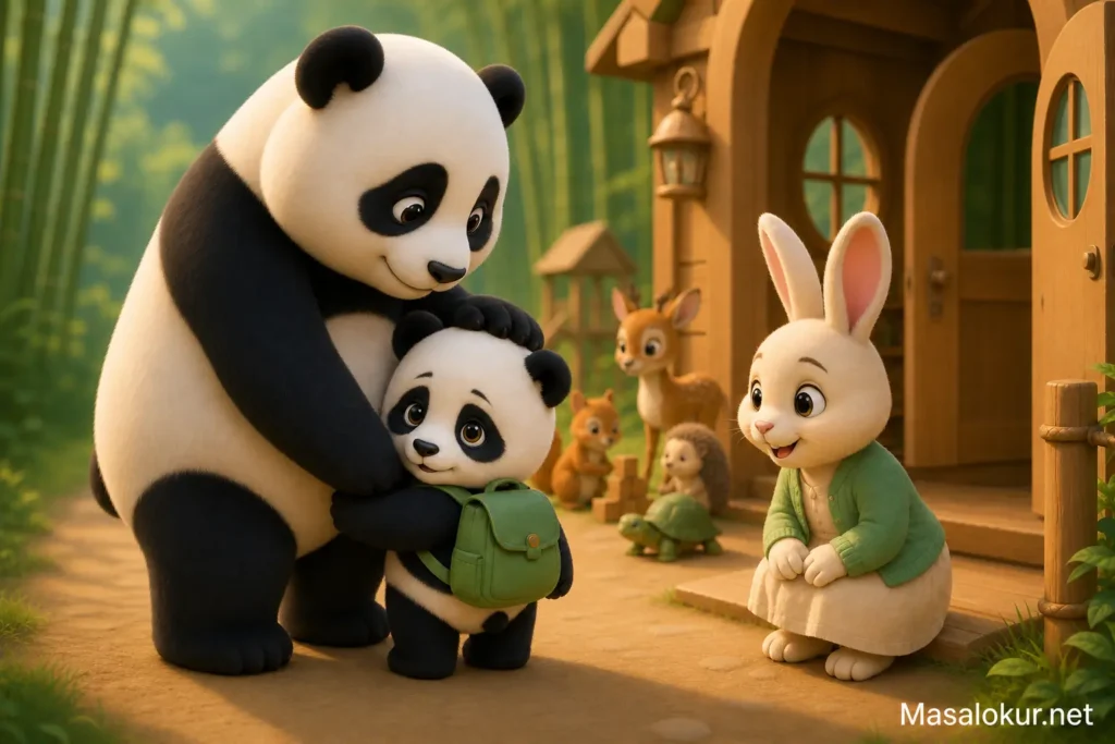 Minik panda anaokulu kapısında annesine sarılıyor