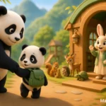 Minik panda ilk kez anaokuluna giderken annesinin elini tutuyor