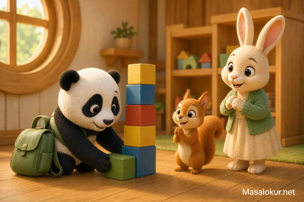 Minik panda renkli tahta bloklarla sağlam bir kule yapıyor