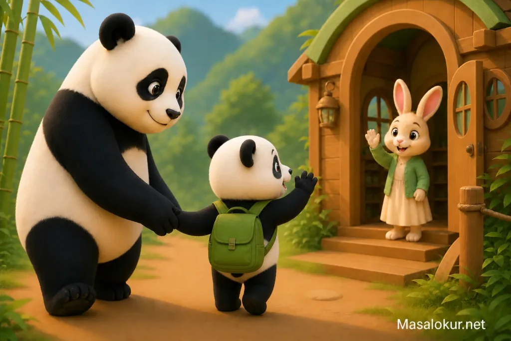 Minik panda sırtındaki çantasıyla öğretmenine el sallıyor
