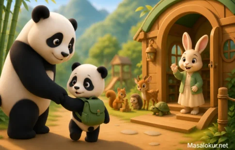 Minik panda ilk kez anaokuluna giderken annesinin elini tutuyor