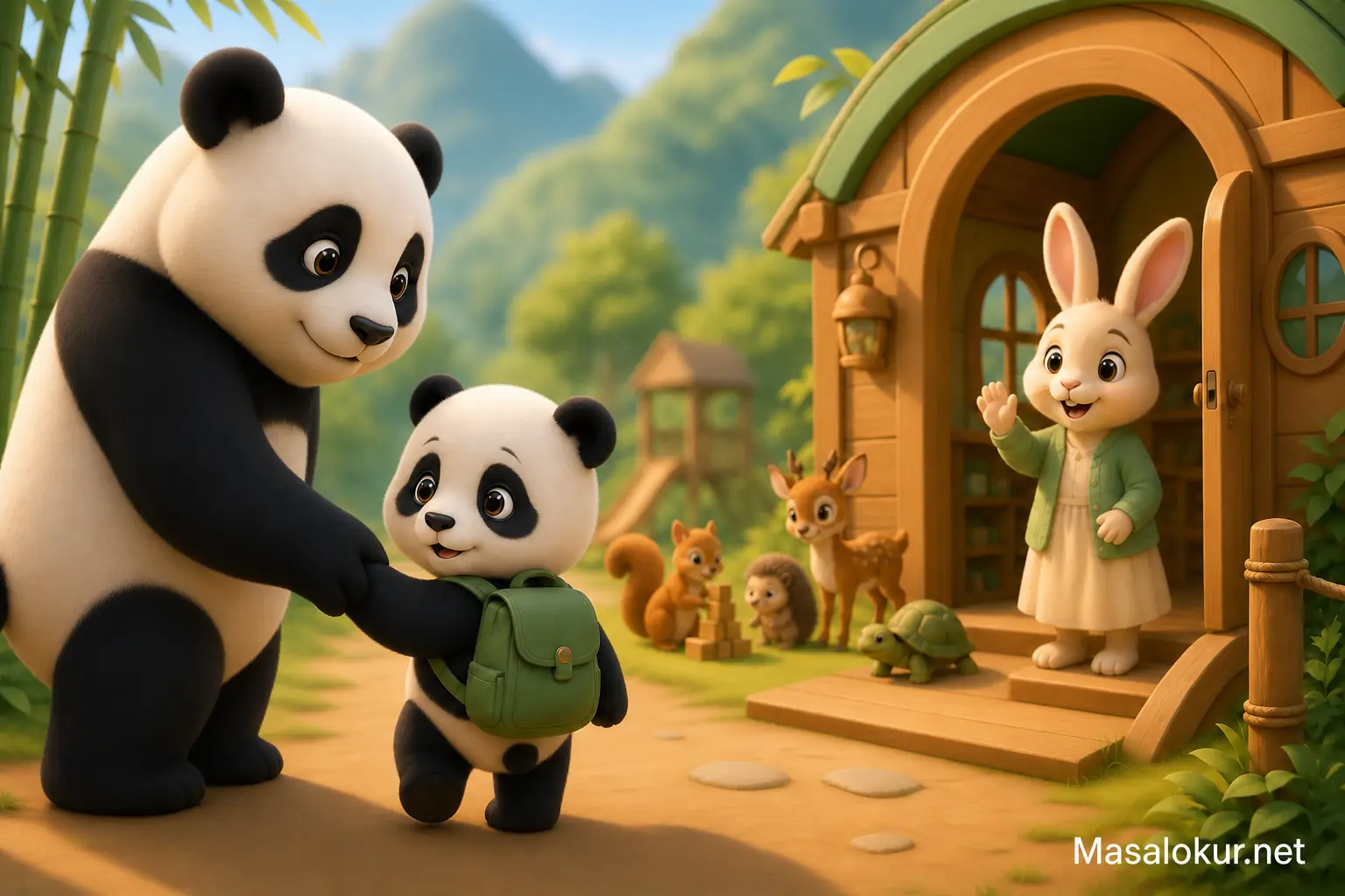 Minik panda ilk kez anaokuluna giderken annesinin elini tutuyor