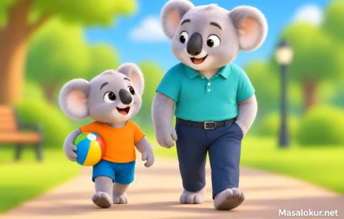Parkta babasıyla yürüyen koala
