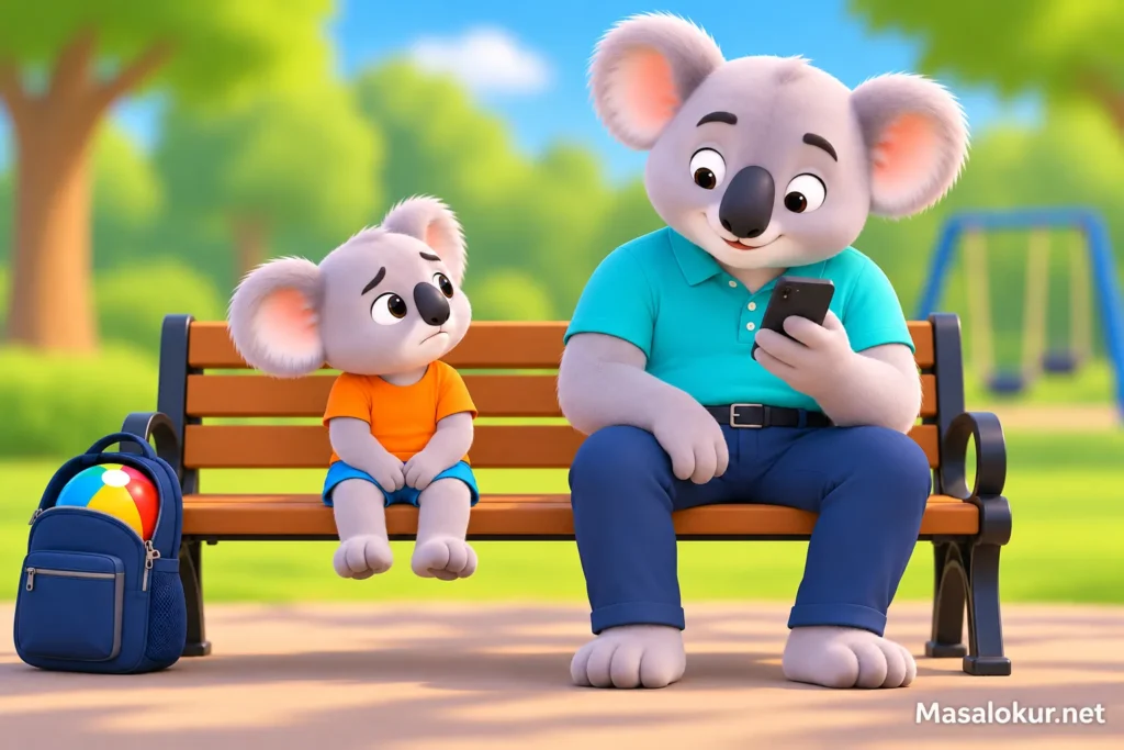 Parkta telefonuna bakan babasının yanında bekleyen küçük koala