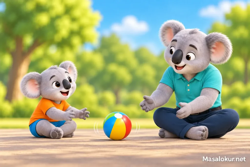Parkta karşılıklı oturup renkli top yuvarlayan koala ve babası