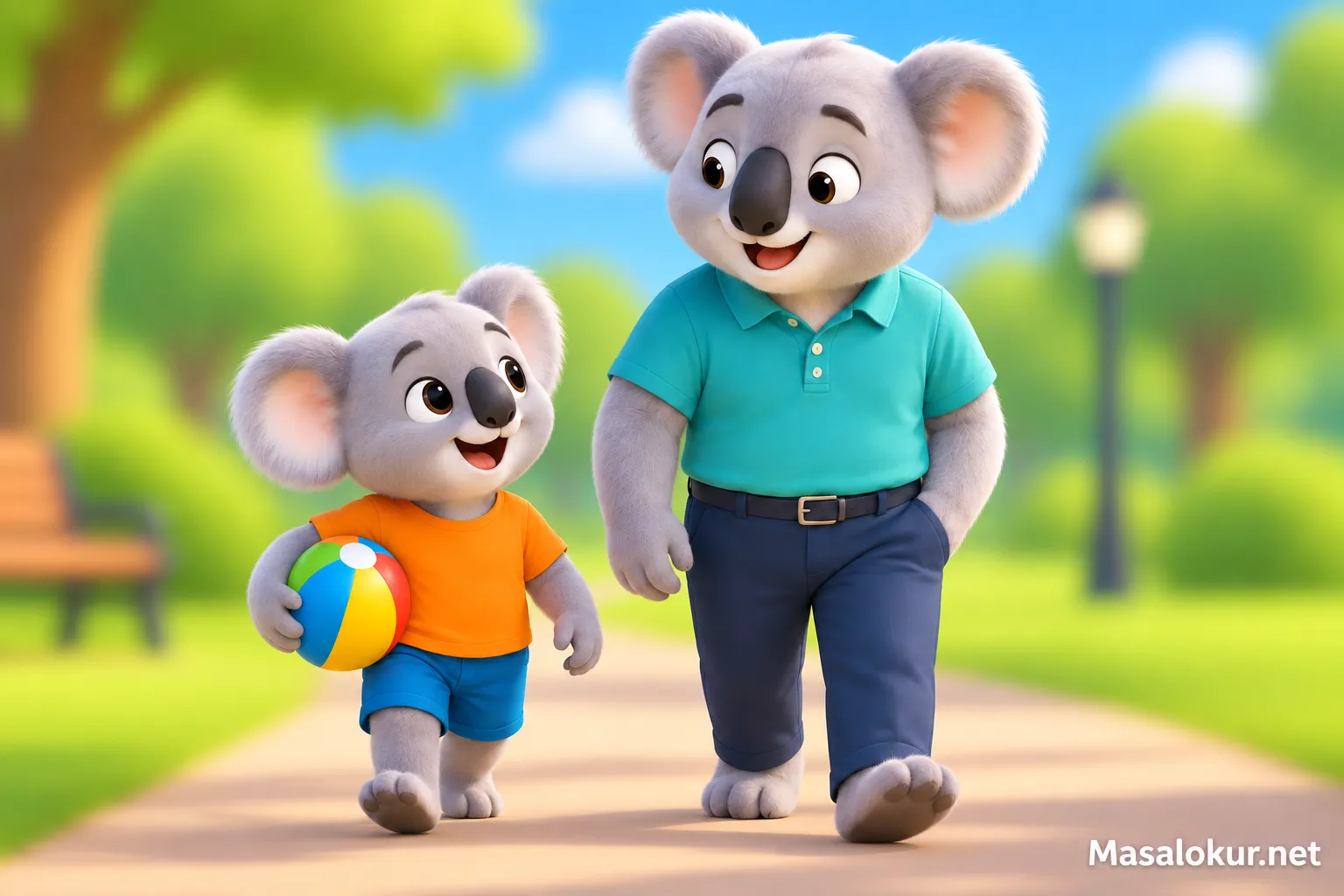 Parkta babasıyla yürüyen koala