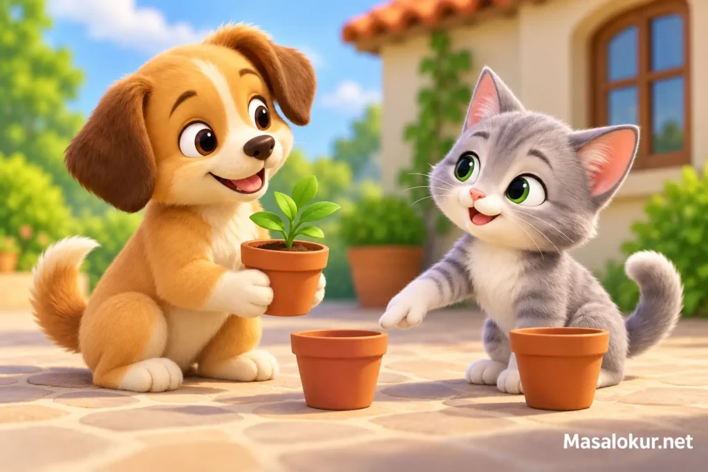 Bahçede çiçek saksılarını birlikte düzenleyen köpek ve kedi