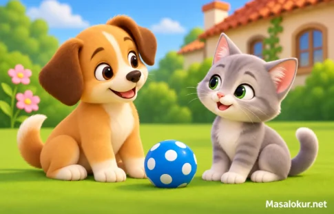 Mavi benekli topla oturan köpek ve kedi