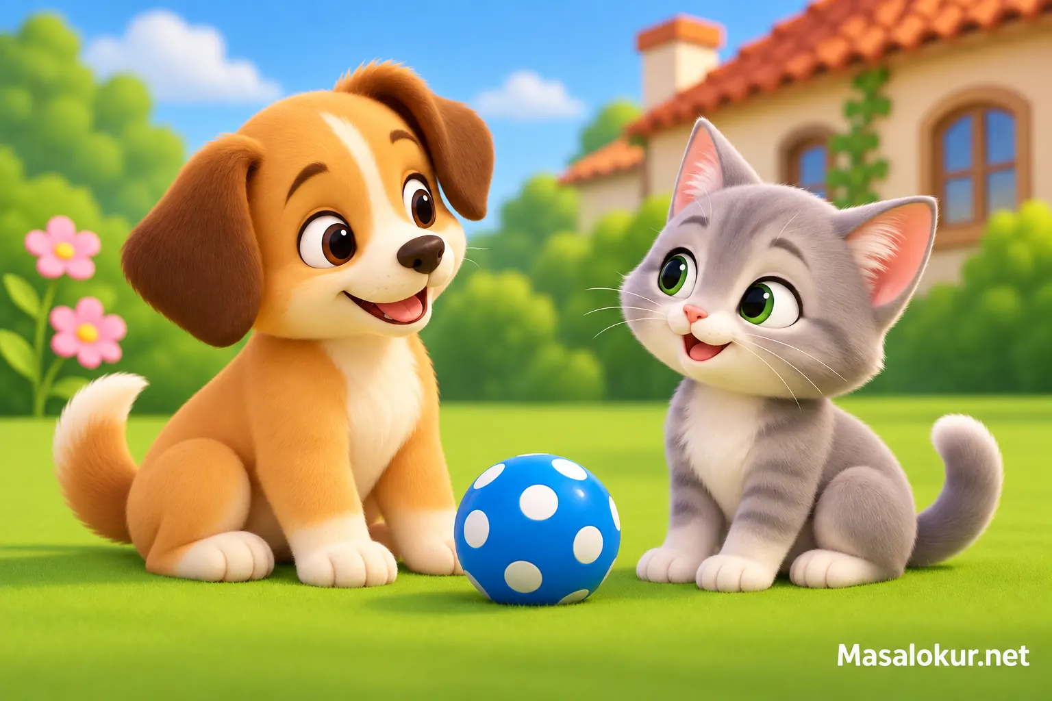 Mavi benekli topla oturan köpek ve kedi