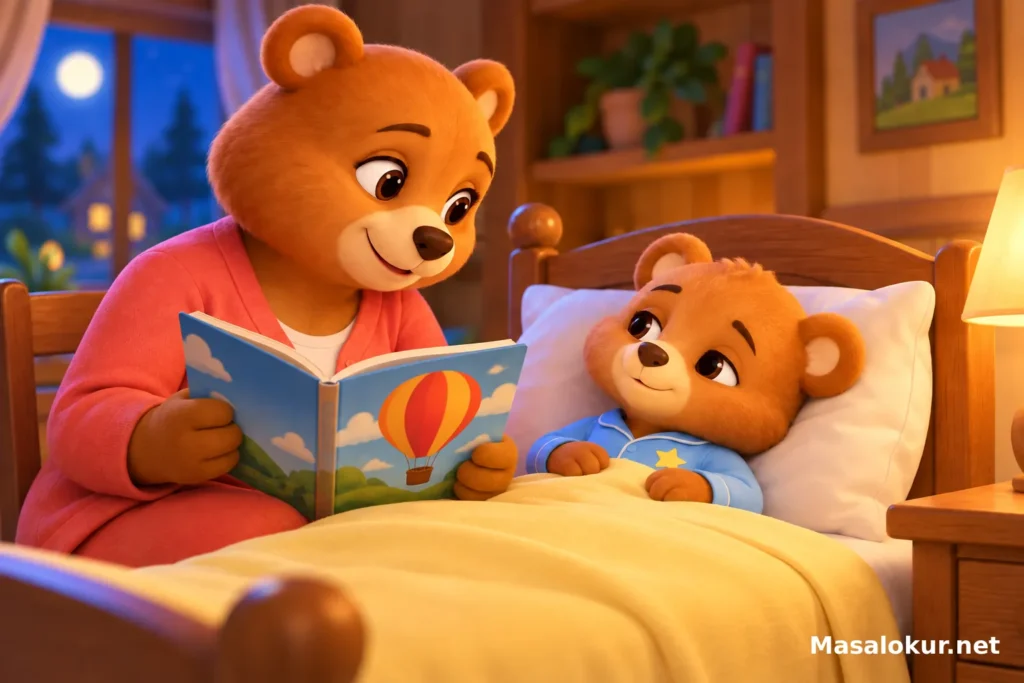 Minik ayı yatağında dinlenirken annesi resimli kitap okuyor
