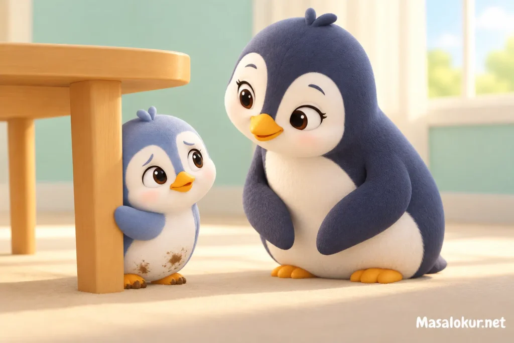 Masanın arkasına saklanan minik penguen annesiyle konuşuyor