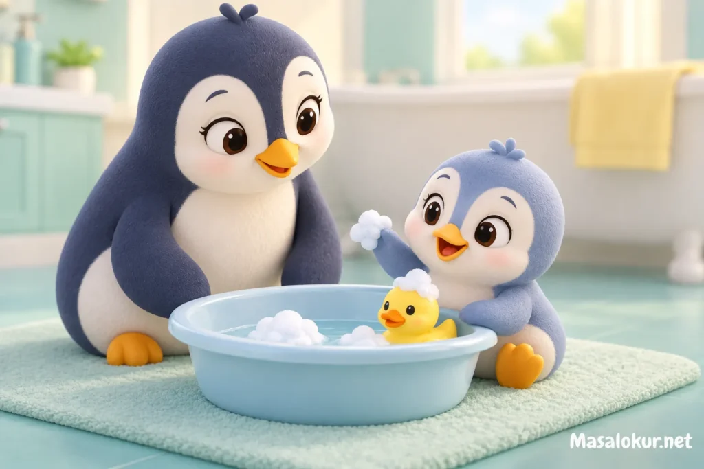Minik penguen oyuncak ördeğinin yanında köpükleri merakla inceliyor