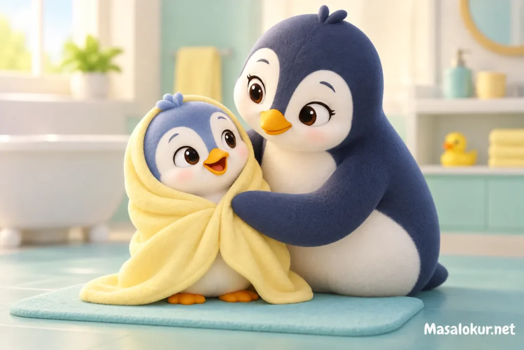 Annesi banyodan çıkan minik pengueni sarı havluya sarıyor
