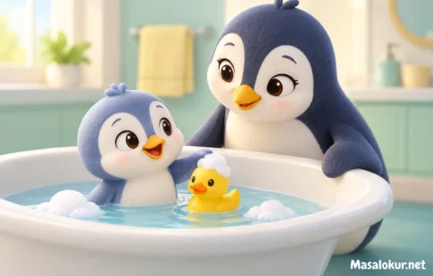 Minik penguen annesinin yanında köpüklü banyoda