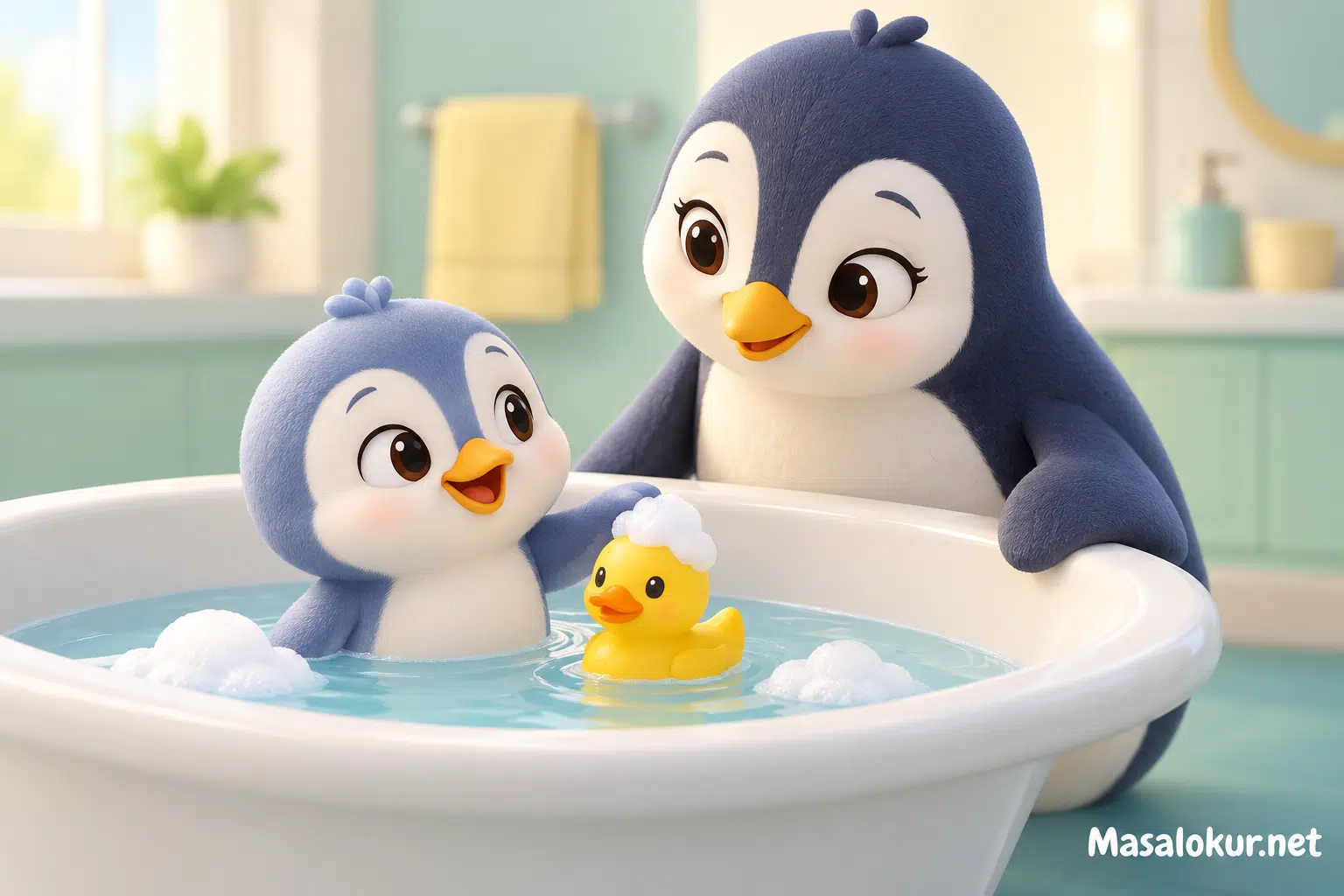 Minik penguen annesinin yanında köpüklü banyoda