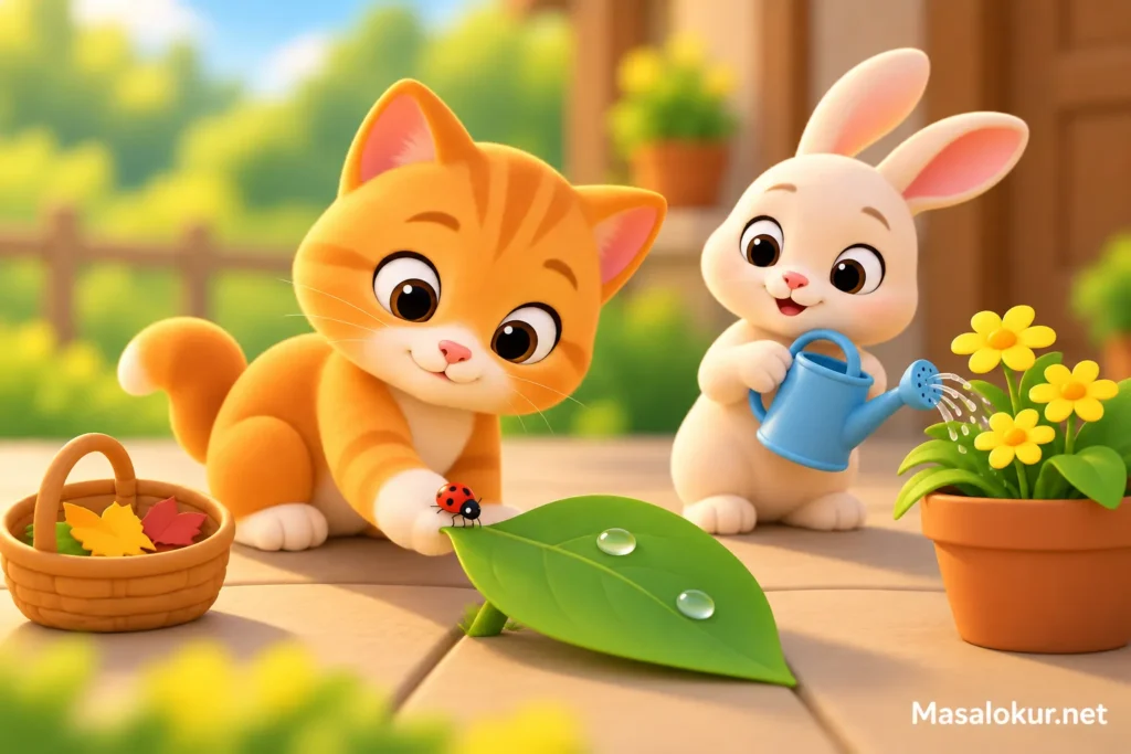 Kedi uğur böceğiyle ilgilenirken tavşan bahçedeki çiçekleri suluyor