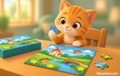 Kedi yarım kalan yapbozunun mavi parçasını inceliyor