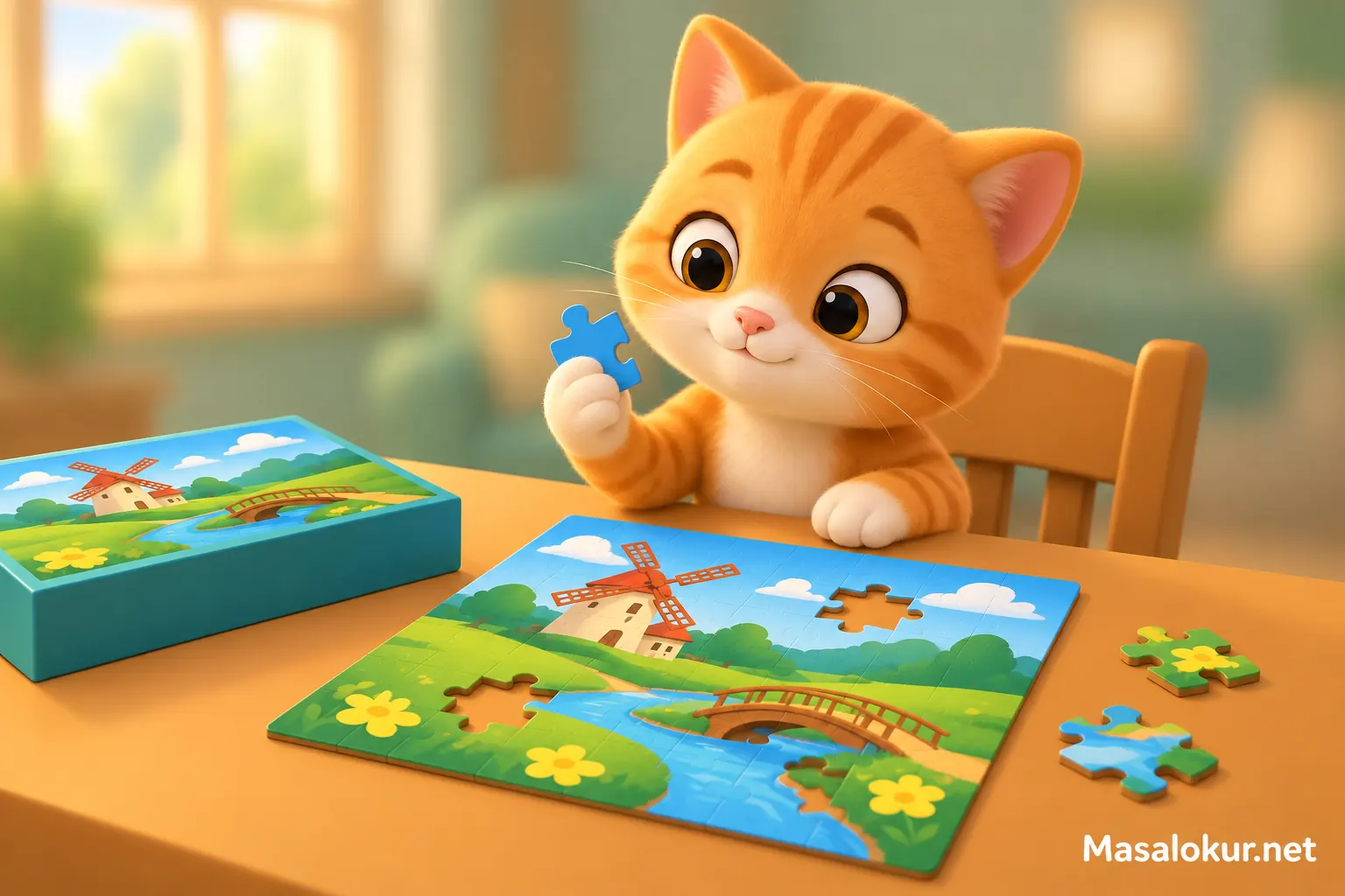 Kedi yarım kalan yapbozunun mavi parçasını inceliyor