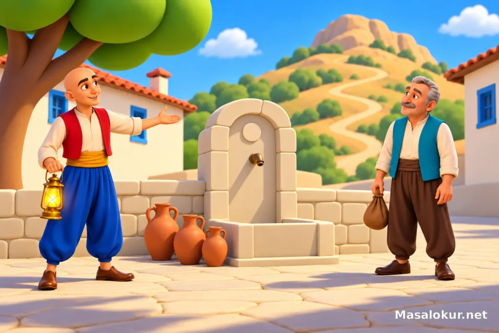 Keloğlan ve değirmenci susuz köyden kaynağı aramaya çıkıyor