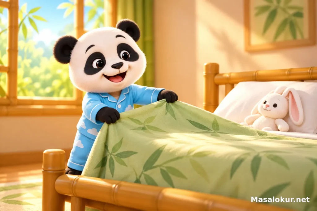 Minik panda sabah yatağının örtüsünü kendi başına düzeltiyor