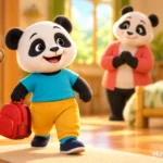 Minik panda kırmızı çantasıyla mutlu bir sabaha hazırlanıyor