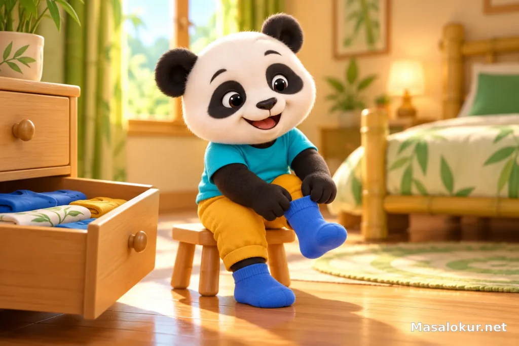Minik panda mavi çoraplarını giyerken sabırla yeniden deniyor