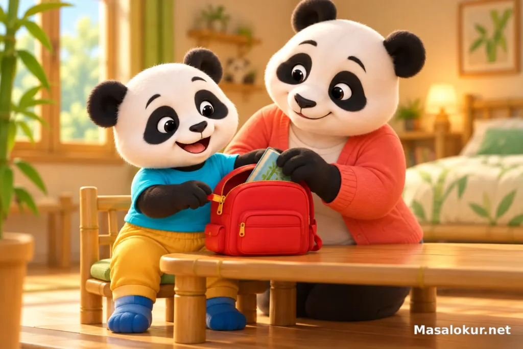 Minik panda annesiyle kırmızı çantasının fermuarını kapatmayı deniyor