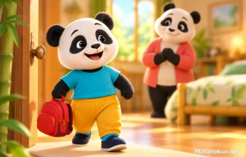 Minik panda kırmızı çantasıyla mutlu bir sabaha hazırlanıyor