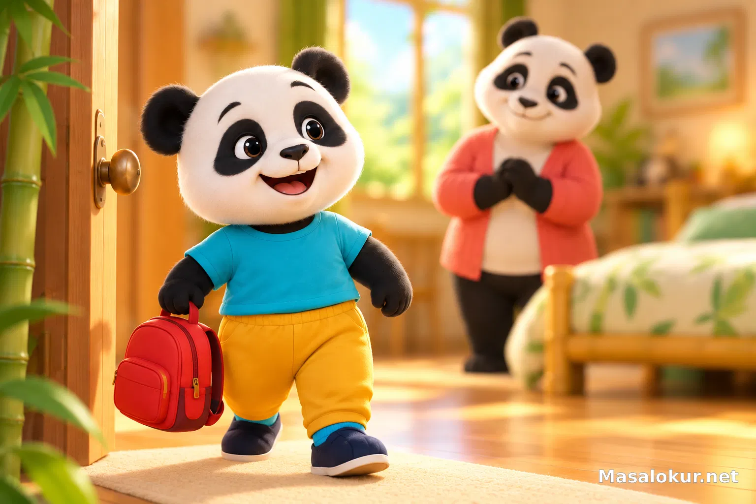 Minik panda kırmızı çantasıyla mutlu bir sabaha hazırlanıyor