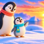 Küçük penguen annesinin yanında şarkı söylüyor