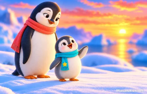 Küçük penguen annesinin yanında şarkı söylüyor